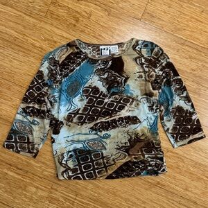 Take Two Cream brown abstract print sequined 3/4 sleeve boxy blouse